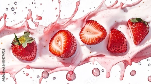Obraz Juicy strawberries caught in a splash of creamy yogurt, droplets scattered in motion, background cut out for a crisp, clean backdrop