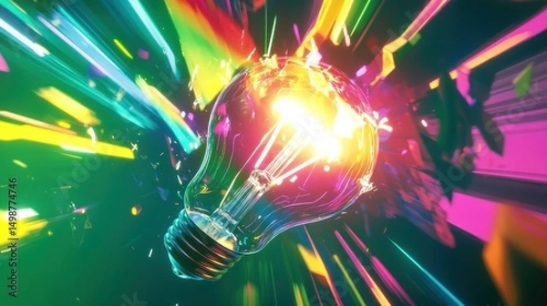 Fototapeta A shattered lightbulb bursts with vibrant energy.  Its glowing filament radiates outwards through a colourful explosion