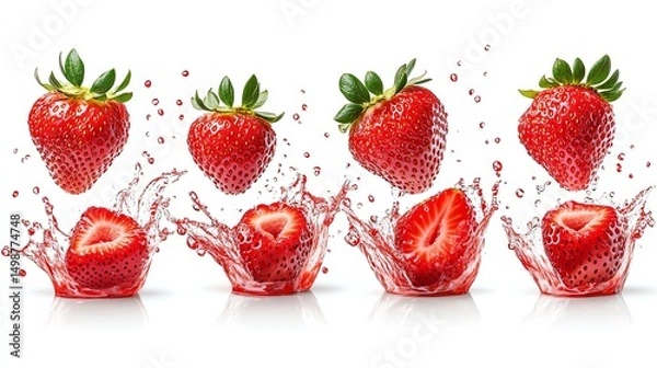 Obraz A set of vibrant red strawberries splashing into rich strawberry juice, droplets flying outward in dynamic motion, cut out and isolated on a clean white background