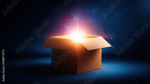Obraz Something divine inside the carton package. A cardboard box opening with light rays emanating from inside symbolizing the magical moment of unboxing and discovery. Wonder