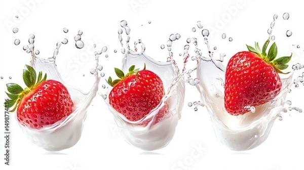 Fototapeta A set of fresh strawberries splashing in enriched milk, droplets suspended mid-motion, cut out and isolated on a clean white backdrop