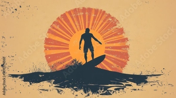 Fototapeta Surfer silhouette atop wave at sunset