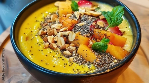 Fototapeta Colorful smoothie bowl with fresh fruit, nuts, and seeds.  Layers of vibrant mango, peaches, and strawberries with almonds, peanuts, and chia seeds