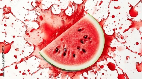 Obraz Juicy red watermelon surrounded by splashes of rich watermelon juice, droplets flying outward dynamically, cut out and isolated on a bright white background