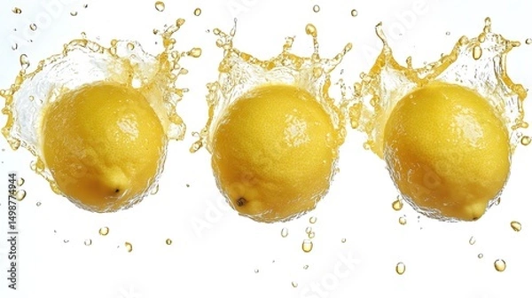 Obraz A set of fresh, bright yellow lemons splashing in rich lemon juice, droplets suspended mid-motion, cut out and isolated on a clean white backdrop