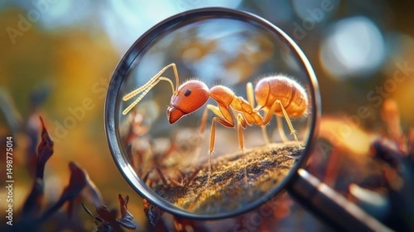 Fototapeta Magnified ant under magnifying glass