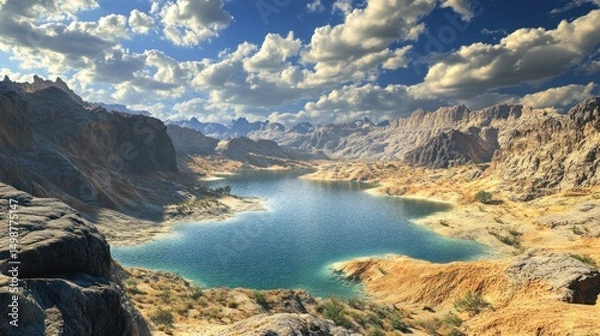 Fototapeta Serene desert lake nestled in a rocky valley under a vibrant sky