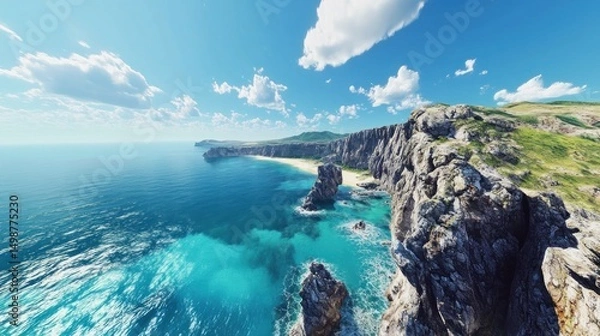 Fototapeta Coastal cliffs meet turquoise water under a bright sky.  Vast ocean, rocky formations, and green hills create a stunning panorama