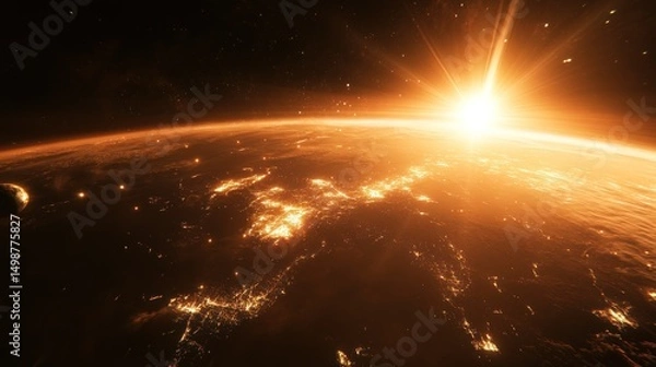 Fototapeta Sunrise over a planet from space.  Detailed view of a golden sunrise illuminating a planet's surface