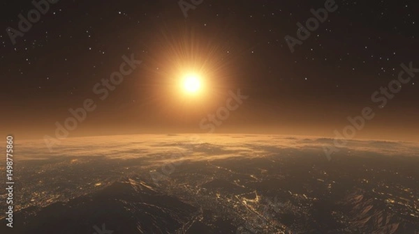 Fototapeta Sunrise over an alien planet. Vast, orange landscape with a bright, central sun