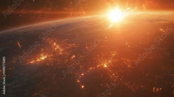 Fototapeta Earth's glow from space, fiery sunrise