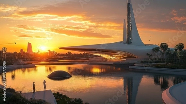 Fototapeta Futuristic city sunrise over a tranquil lagoon.  Modern architecture reflects in water, peaceful