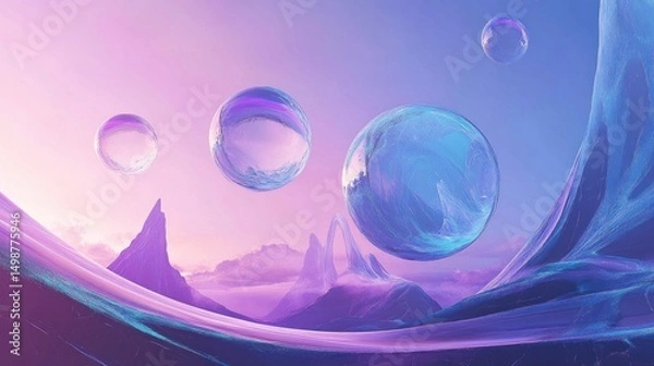 Fototapeta Floating spheres over a surreal landscape.  Soft, pastel colors create a dreamy atmosphere
