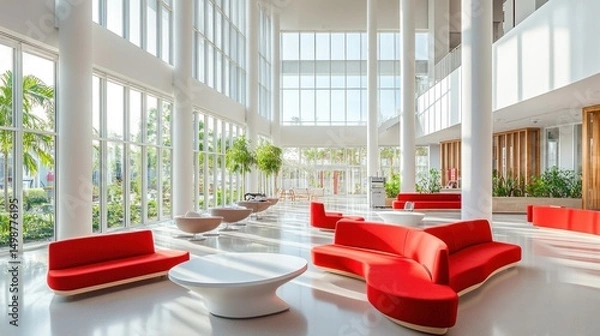 Fototapeta Modern, bright lobby with red seating, showcasing clean lines and natural light