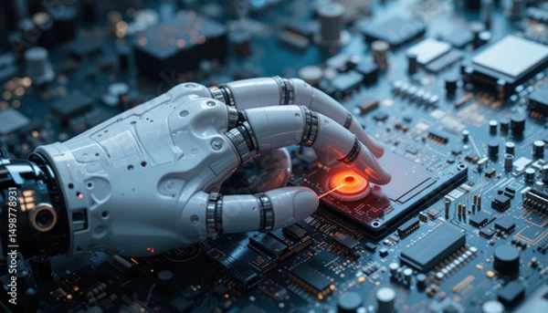 Obraz Robotic hand holding circuit board, futuristic tech	
