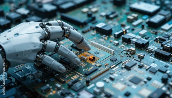 Obraz Robotic hand holding circuit board, futuristic tech	
