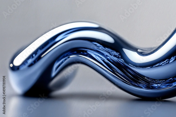 Fototapeta Close-up 3D rendering of a glossy, blue, curved abstract shape on a gray background, macro shot