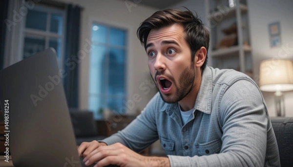 Obraz Shocked businessman at laptop, office background, problem	
