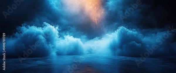 Fototapeta Dramatic ocean waves crashing under a dark sky with a bright warm light breaking through thick clouds, creating a powerful and mysterious mood