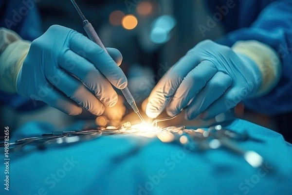 Obraz Close-up of surgeon’s gloved hands performing delicate surgery with surgical tools on patient under bright focused lighting