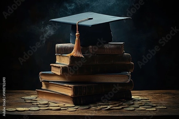 Obraz Stack of old leather-bound books with a black graduation cap on top surrounded by scattered gold coins on wooden surface with dark smoky background