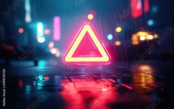 Obraz Glowing neon triangular warning sign on wet pavement under rainy night with colorful blurred city lights in the background