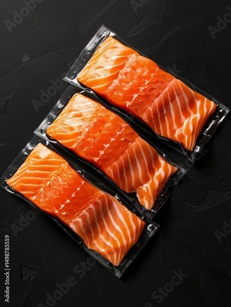 Fototapeta A refined, gourmet-style composition of thick salmon steaks sealed in vacuum bags, arranged in a clean linear layout with soft top lighting, the dark background 