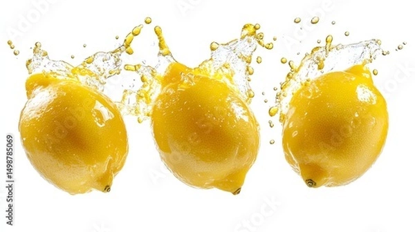 Obraz Fresh bright yellow lemons plunging into tangy, enriched lemon juice, droplets flying mid-air, cut out and isolated on a clean white background