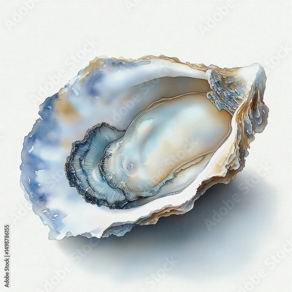 Fototapeta Close-up of a single oyster with detailed textured shell and soft translucent meat inside on white background