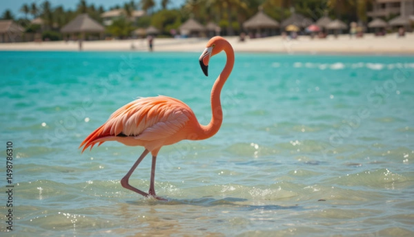 Obraz Flamingo wading in shallow turquoise water, sunny beach background; travel postcard	
