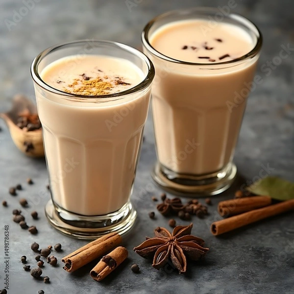 Obraz Two Glass Cups of Spiced Chai Latte with Cinnamon and Star Anise on Grey Backdrop