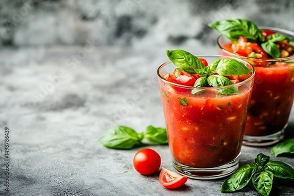 Obraz Two Glass Cups with Tomato Drink and Basil Leaves on a Textured Grey Surface