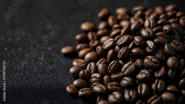 Fototapeta Pile of roasted coffee beans on a dark textured surface background