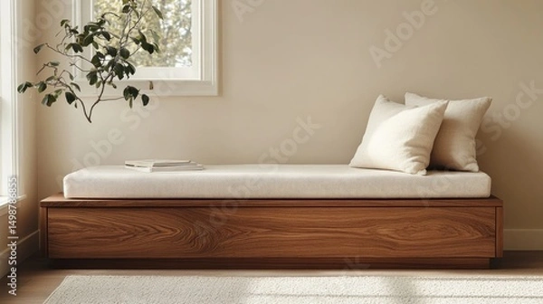 Obraz Modern living room with warm wood storage bench and ivory cushion