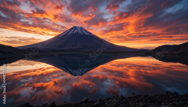 Obraz Volcanic eruption at sunset, reflected in lake, tropical landscape; travel poster	
