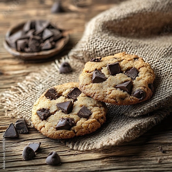 Obraz Two golden homemade cookies with chocolate chunks on a rustic wooden board