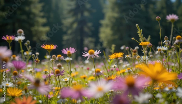 Obraz Sunny meadow wildflowers, vibrant blooms, forest background, nature scene	
