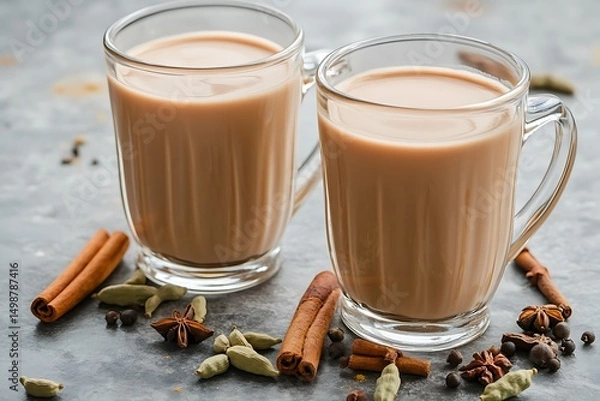 Obraz Two Mugs of Chai Tea, Cinnamon Sticks, and Cardamom Pods on a Gray Tabletop