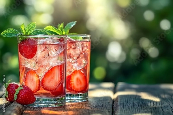 Obraz Two Refreshing Strawberry with Ice and Mint on a Rustic Wooden Table