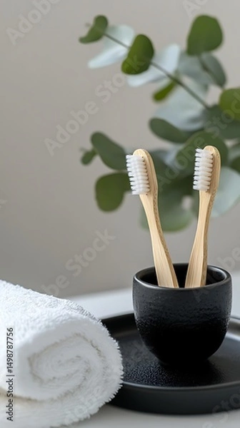 Obraz Two Wooden Toothbrushes in Holder with White Towel and Eucalyptus Branch