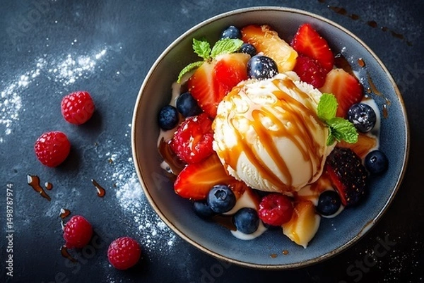 Obraz Vanilla Ice Cream with Berry Fruits in Bowl on Dark Tabletop with Powder Sugar