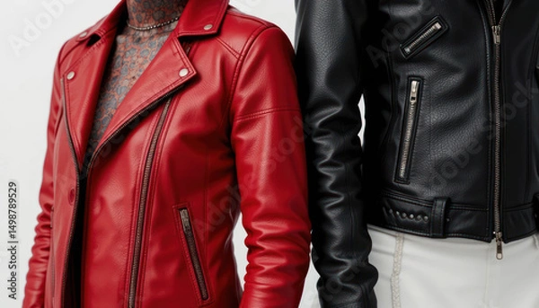 Obraz Red and black leather jackets, close-up, studio shot, fashion	
