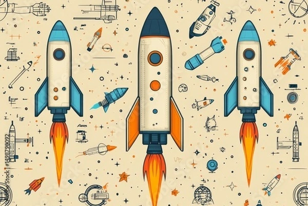 Fototapeta Rockets launching, space exploration, engineering drawings background, innovation concept