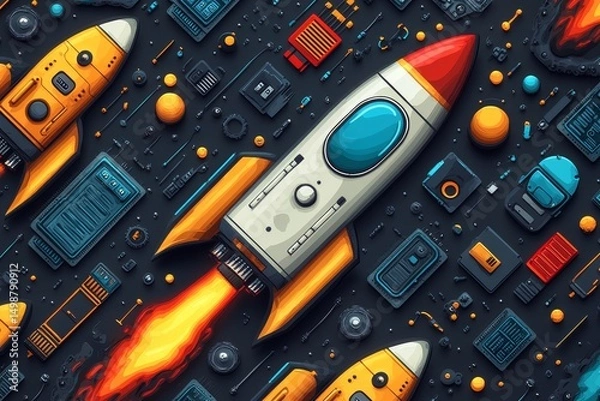 Fototapeta Rocket launch, tech background, innovation, startup