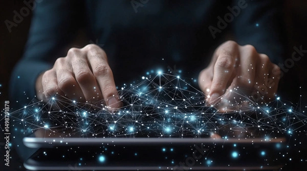 Obraz Startup concept with icon business and network connection on modern virtual interface from digital tablet.man touching on tablet