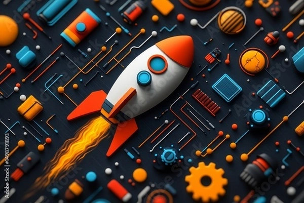 Fototapeta Rocket launching on circuit board, innovation concept