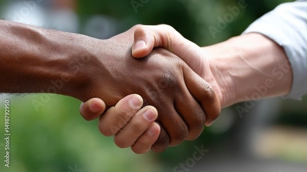 Fototapeta Close-Up View of Diverse Hands Shaking as a Symbol of Unity, Agreement, and Collaboration Between Different Cultures