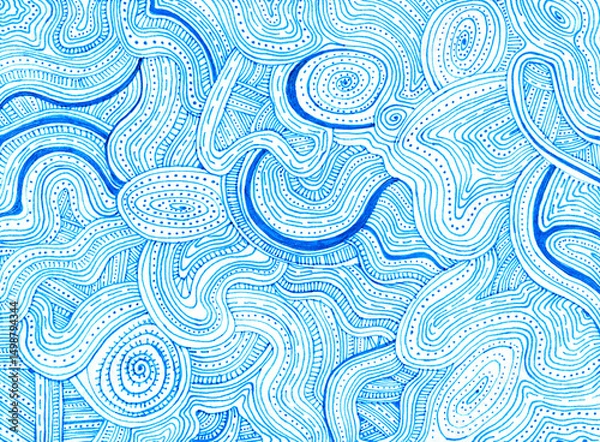 Fototapeta Background filled with patterns. Thin blue lines, dots, waves on a white background. Doodle. Chaotic ornament. Texture. Light blue, cyan color.