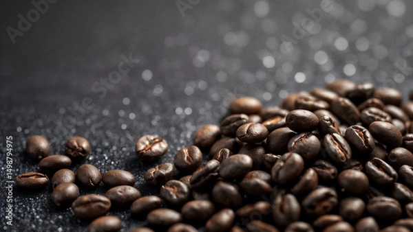Fototapeta Pile of roasted coffee beans on a dark textured surface with bokeh