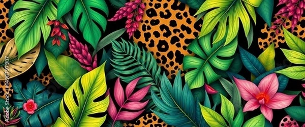 Obraz Modern exotic jungle foliage & leopard print collage seamless pattern , wallpaper, green